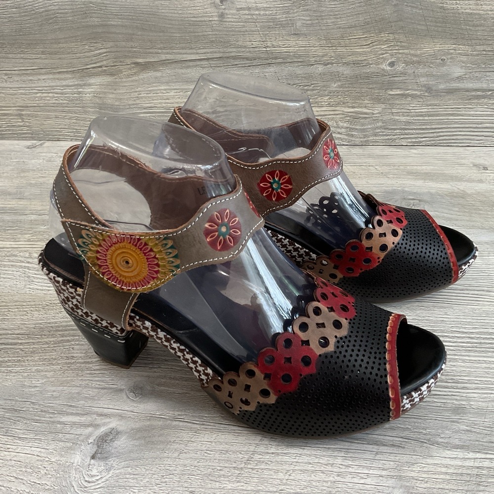 L'Artiste by Spring Step Jive Leather Floral Open Toe Heels Women's 40- US 9